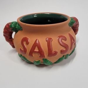 Vintage Mexican Clay Terra-Cotta Salsa Bowl Pot w/Chili Pepper Handles 3" x 6.5"